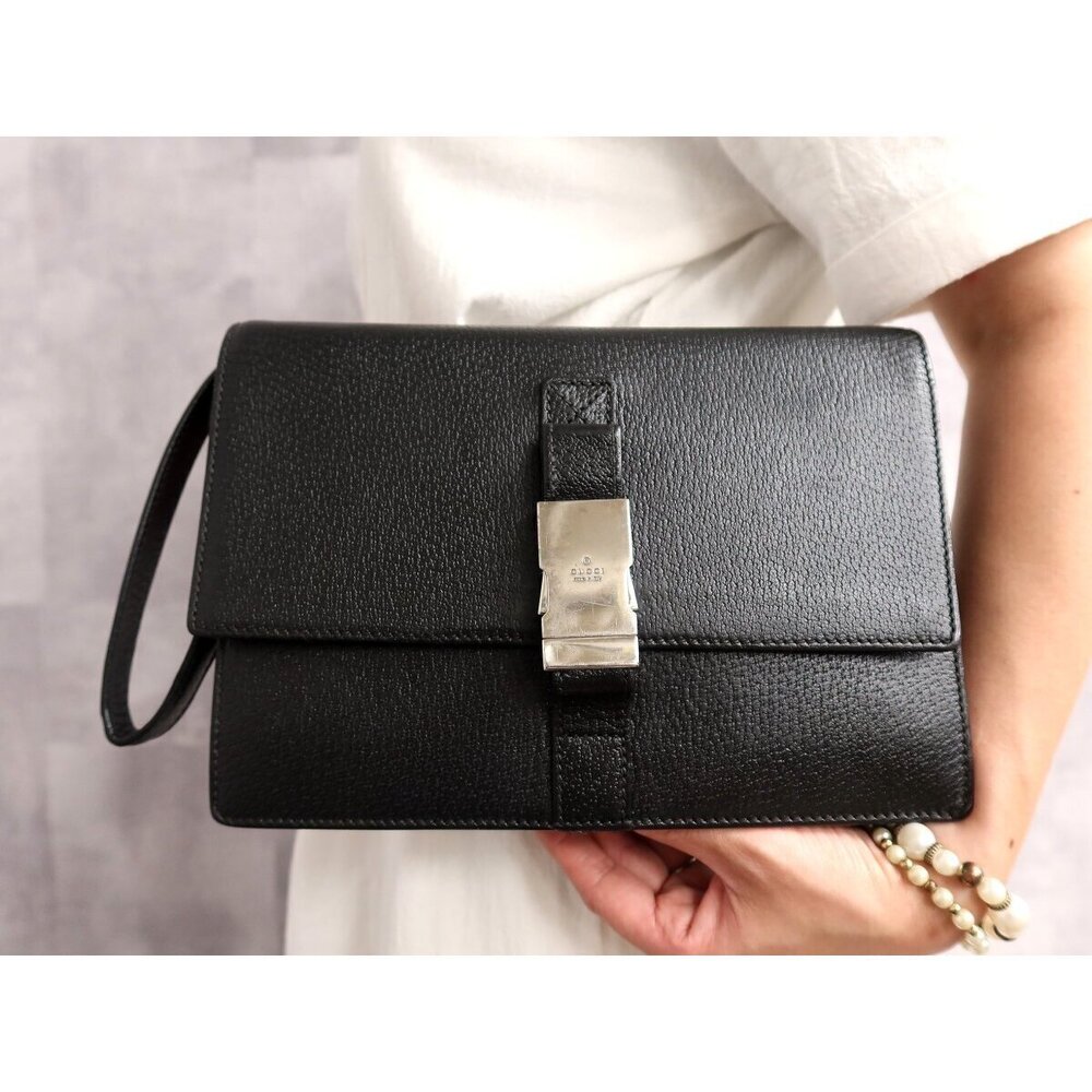 Gucci Logo Hardware Calf Leather Shoulder Clutch Bag Black Silver Hardware